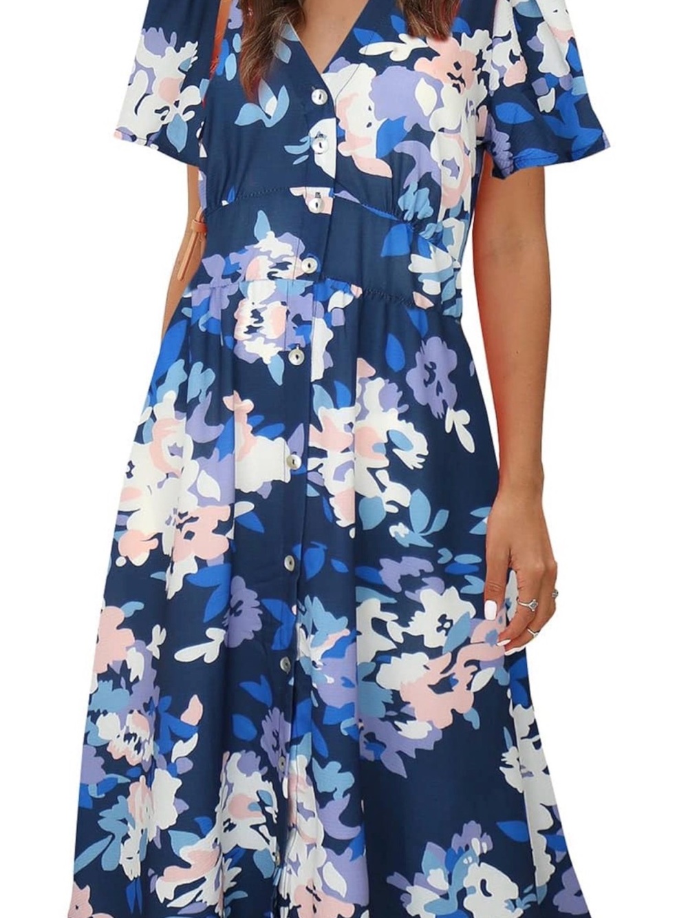 Amazon Navy Blue Floral Button-Front Midi Dress with Pink and Light Blue Accents